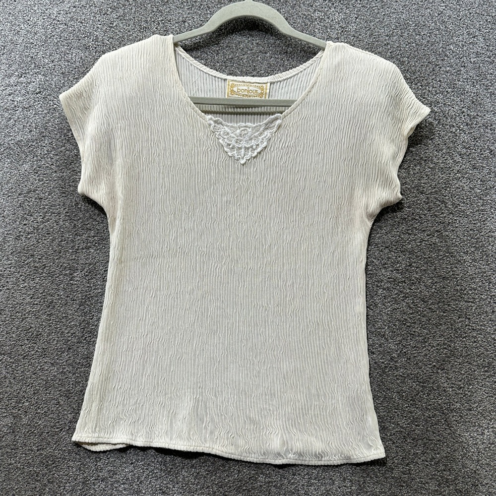 Bonjour Vintage Cream Plisse Crinkle‎ Blouse Lace Neck Shoulder Pads Womens M